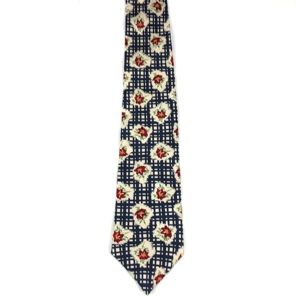 GAP Men's 100% Silk Beige Dark Blue Red Floral Flower Plaid Short Necktie